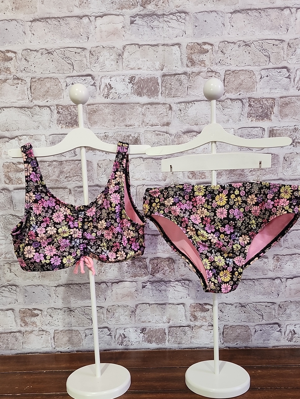 Source Unknown Black Floral Kids Swim Bikini with Pink Interior